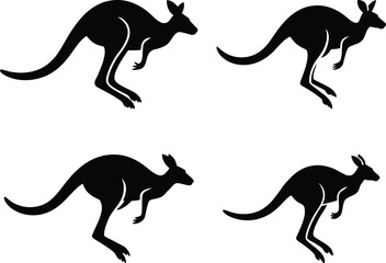 Four silhouettes of kangaroos in mid leap against a white background