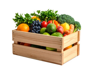 Fresh  fruits and vegetables in a wooden box isolated on a transparent background..