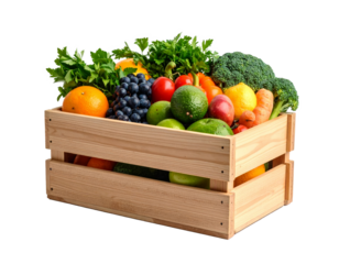 Fresh  fruits and vegetables in a wooden box isolated on a transparent background..