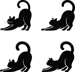 Four black cat silhouettes stretching in different poses
