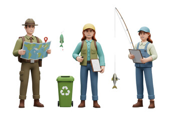 Three environmental stewards – a hiker, conservationist, and angler – promoting responsible outdoor recreation.