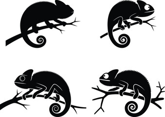 Four silhouette chameleons perched on tree branches against white background