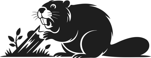 Cartoon beaver gnawing on a tree stump with sharp teeth © rratry