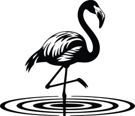 Elegant black silhouette flamingo standing on one leg in rippling water
