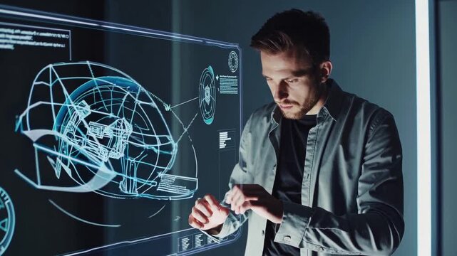 Innovative technology usage in a modern workspace featuring a focused professional engaged in interactive displays