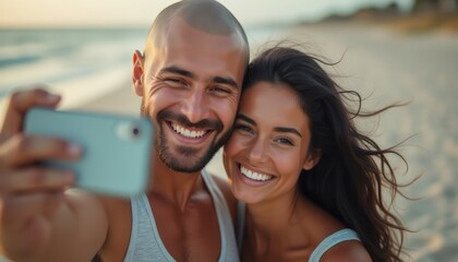 Joyful couple taking a selfie on the beach at sunset