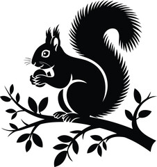 Black silhouette of a squirrel holding a nut on a branch