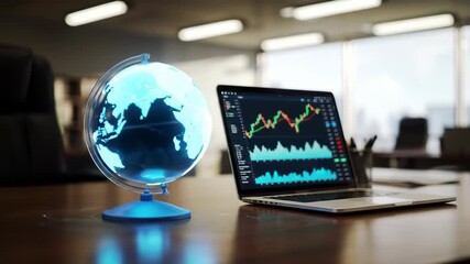 Glowing globe laptop stock chart financial data modern office technology, digital display for business analysis and futuristic innovation workspace, professional investment success with laptop - Powered by Adobe