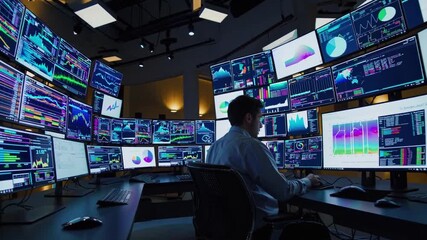 Data analyst monitors financial graphs and charts in a busy control room during evening hours - Powered by Adobe