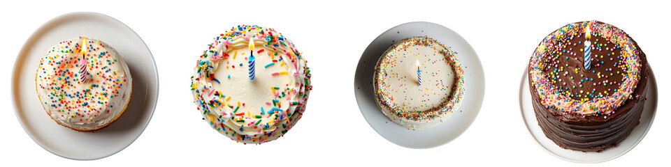 Celebratory Cakes with Colorful Sprinkles and Lit Candles on White Plates, Ready for a Party or...