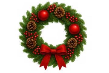 Festive holiday wreath displaying natural pine cones, red berries, decorative ribbon hanging against clean transparent backdrop, seasonal home decor element