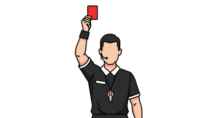 A cartoon referee in a black uniform, holding up a red card, signaling a penalty or ejection during a soccer or football game, on a white background.