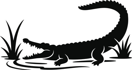 Silhouette of a fierce alligator emerging from murky swamp water with reeds