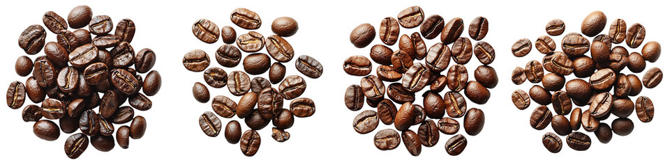 Roasted coffee beans arranged in four distinct piles, perfect for brewing a delicious beverage and infusing rich flavor into your morning routine - Isolated on Transparent Background