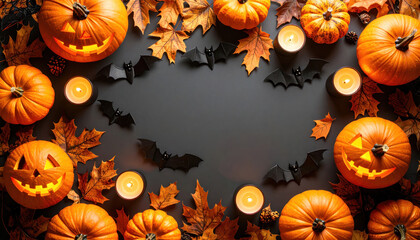 Halloween Autumn Flat Lay with Pumpkins and Candles