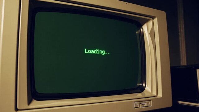 Retro computer display shows loading screen with green text on black background in a nostalgic setting