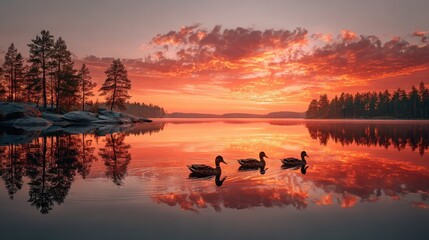 Naklejka premium Peaceful early evening on a lake with ducks swimming and colorful sunset sky overhead