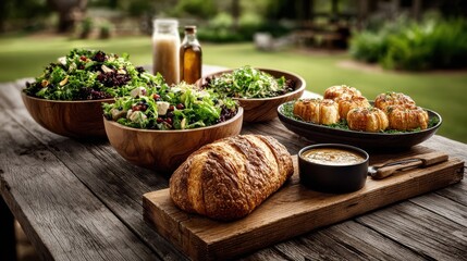 Picnic spread with fresh salads, fruits, and homemade pastries on a rustic wooden table outdoors
