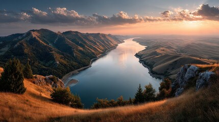 Scenic lake view from a hilltop with golden sunset light illuminating the water below