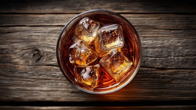 Top-down view of whiskey glass with ice cubes melting, rustic wood background with open space.