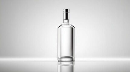 Minimalist shot of a single vodka bottle on white background with clean lighting and room for overlay text.