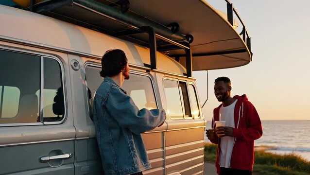 Two Young Adults Enjoying a Beach Sunset Near a Surf Van