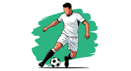 A digitally illustrated soccer player in action, dribbling the ball, set against a vibrant green backdrop, showcasing athletic prowess and dynamic movement.