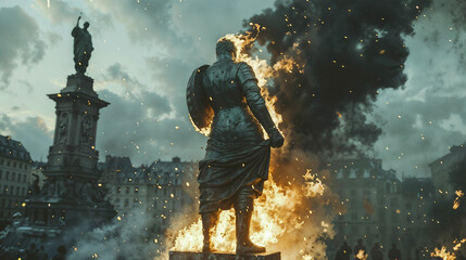 Roman soldier statue silhouette stands before burning classical architecture as empire falls and traditional values crumble in flames of civilizational collapse