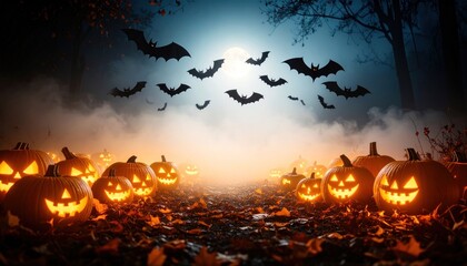 Halloween Night with Glowing Jack-o'-Lanterns and Bats