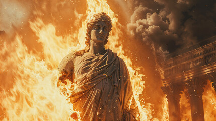 Classical Roman statue engulfed in devastating flames symbolizes fall of ancient empire and destruction of timeless civilization heritage under fiery assault.