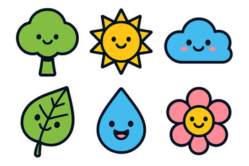 Set of 6 cute cartoon nature icons with smiling faces, bold outlines, and bright colors. Includes tree, sun, cloud, leaf, water drop, and flower.