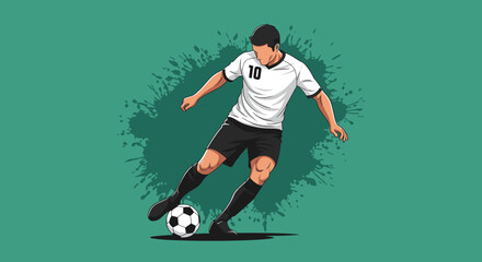 Dynamic vector illustration of a soccer player in action, skillfully dribbling the ball with focus and precision against a vibrant green backdrop, showcasing athletic prowess.