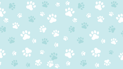 Seamless pattern with white and light blue paw prints on a pale blue background. Ideal for pet-themed designs © rochmuch