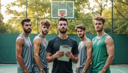 Team of confident young male basketball players posing together