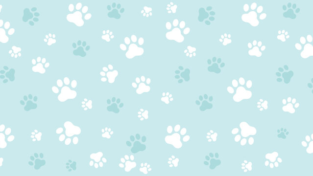 Seamless pattern with white and light blue paw prints on a pale blue background. Ideal for pet-themed designs