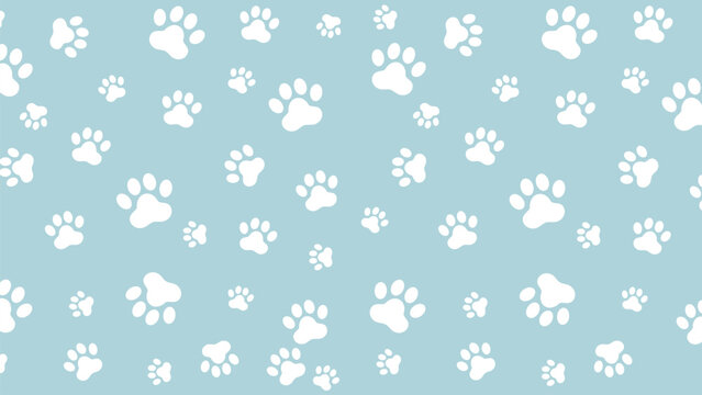 Cute seamless vector pattern featuring white puppy paw prints on a gentle baby blue background. Perfect for pet shop or nursery themes