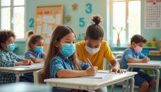 Children learning in a classroom with masks
