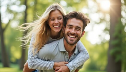 Fototapeta premium Joyful couple sharing a playful moment in a sunlit park