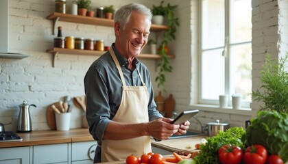 Smiling elderly man in apron using smartphone in a bright kitchen