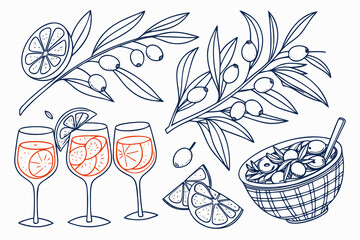 Lemon line vector drawing. Italian hand drawn doodle summer citrus fruit. Sketch lemon branch or tree in Mediterranean vase. Traditional lemonade cocktails. Amalfi or Sicily Italy coast illustration.