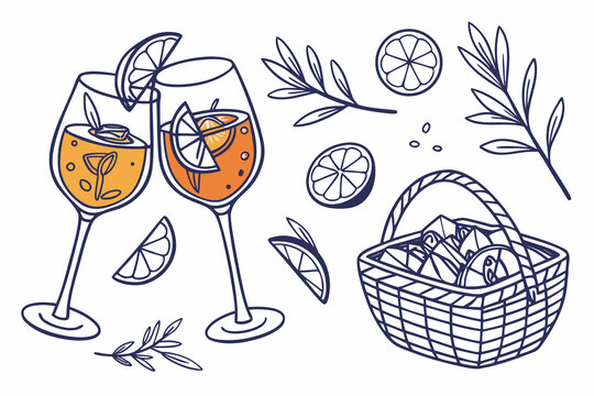 Lemon line vector drawing. Italian hand drawn doodle summer citrus fruit. Sketch lemon branch or tree in Mediterranean vase. Traditional lemonade cocktails. Amalfi or Sicily Italy coast illustration.