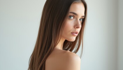 Fototapeta premium Elegant woman with long hair gazing over her shoulder