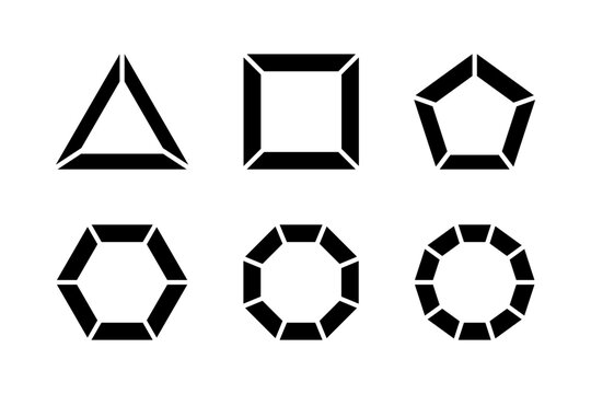 Basic geometric frames divided into equal segments isolated on white background. Triangle, square and pentagon, hexagon, octagon and decagon shapes cut in fractions. Vector graphic illustration.