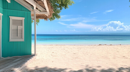Tropical beachfront wooden house with pristine ocean view. bright banner with empty space for relaxation and travel concepts