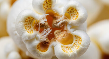 A close up shot of a single piece of popcorn with visible details and texture in a macro setting