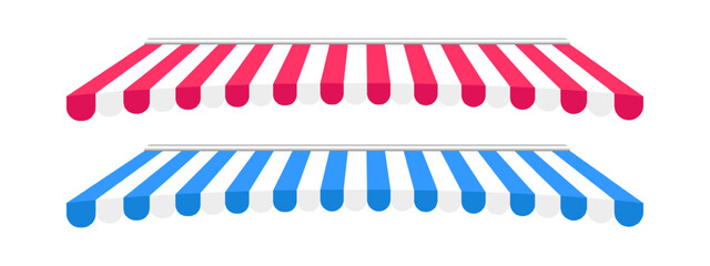 Obraz premium Set of shop awning. Striped store canopy design. Market tent with red, blue and white stripes isolated on white background. Terrace marquee. Cafe facade sunshade. Kiosk umbrella. Vector illustration.