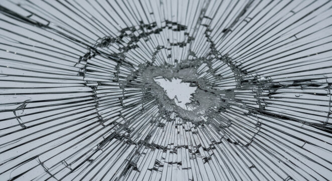 Close up view of a shattered glass surface with a hole in the center and radiating cracks around it