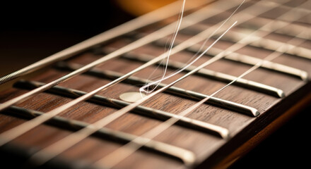 A close up shot of a guitar fretboard with strings showing detail and texture in a dark environment