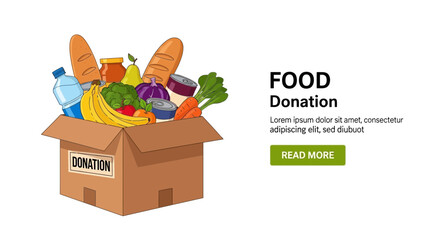 Illustration Vector SVG of Food Donation Box with Groceries in Modern Flat Style Bright Colors