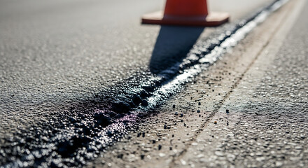 Road Maintenance Close-up Fresh Asphalt Patching & Orange Traffic Cone Symbolizing Ongoing Road Repairs for Safety and Smooth Traffic Flow
